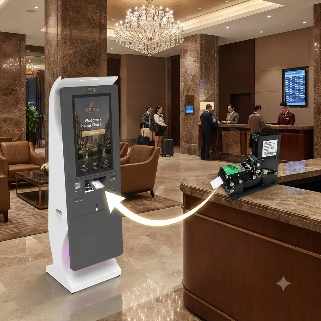 Self check-in kiosk card dispenser and hotel card dispenser module in a luxury hotel lobby