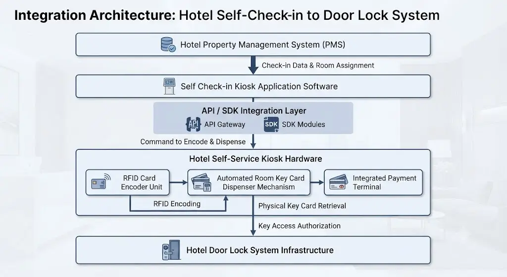 Hotel PMS Integration architecture flowchart for a hotel self-check-in kiosk and RFID hotel card dispenser