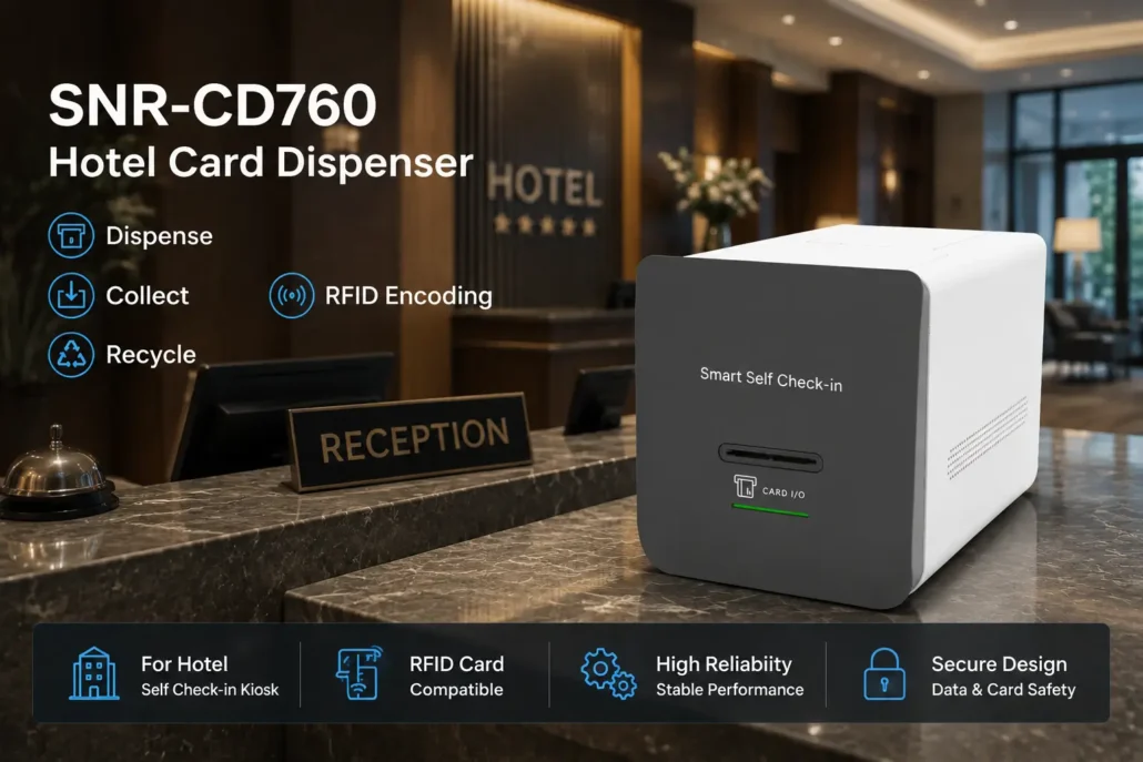 RFID hotel card dispenser (SNR-CD760) featuring hotel card recycler and dispense functions