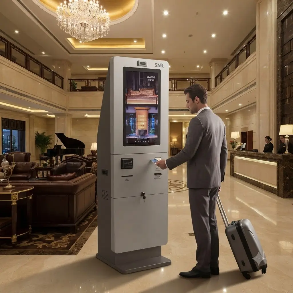Guest using an automatic room key dispenser on a hotel kiosk card dispenser in a hotel lobby