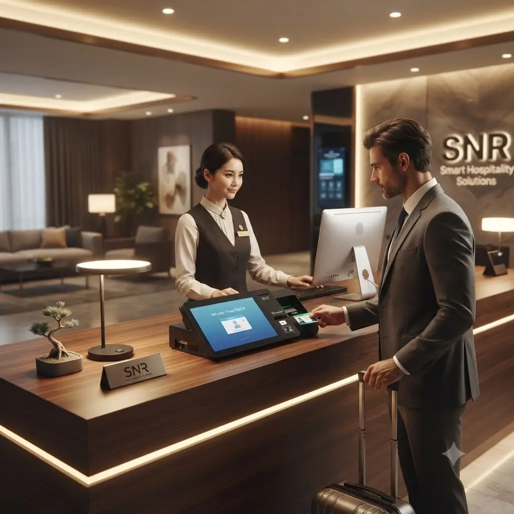 Guest at a hotel reception desk using a hotel reception card issuing machine and room key dispenser