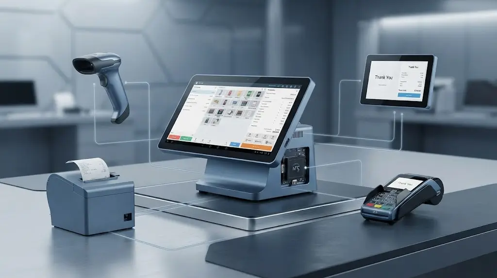 Android POS hardware integration with barcode scanner thermal printer customer display payment terminal and wireless peripherals
