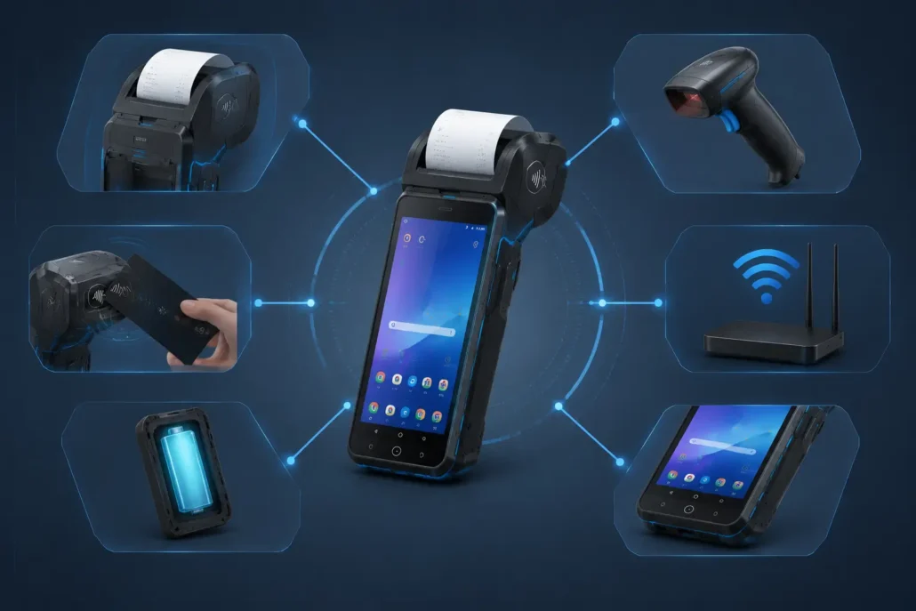 Android POS hardware selection factors including printer, NFC, barcode scanner and connectivity