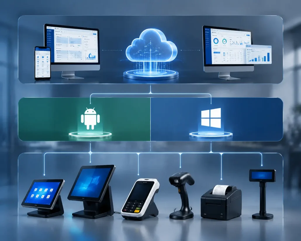 POS system architecture showing Android and Windows terminals with software and peripheral integration