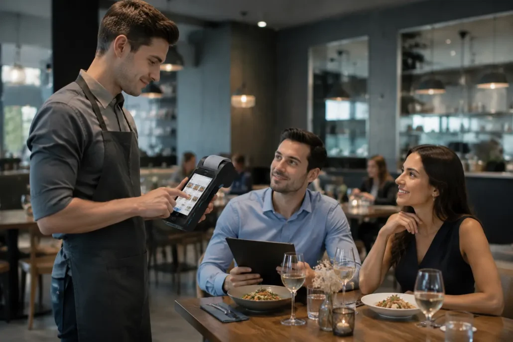 Waiter using handheld Android POS terminal for restaurant table ordering and mobile service