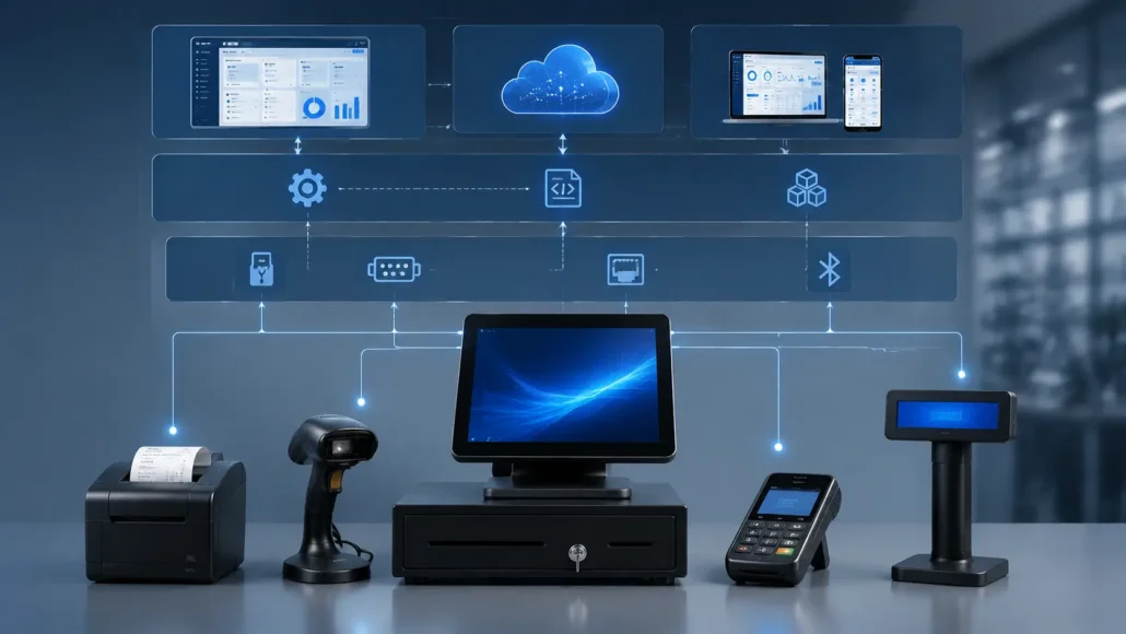 POS terminal peripheral integration workflow with printer scanner and payment devices
