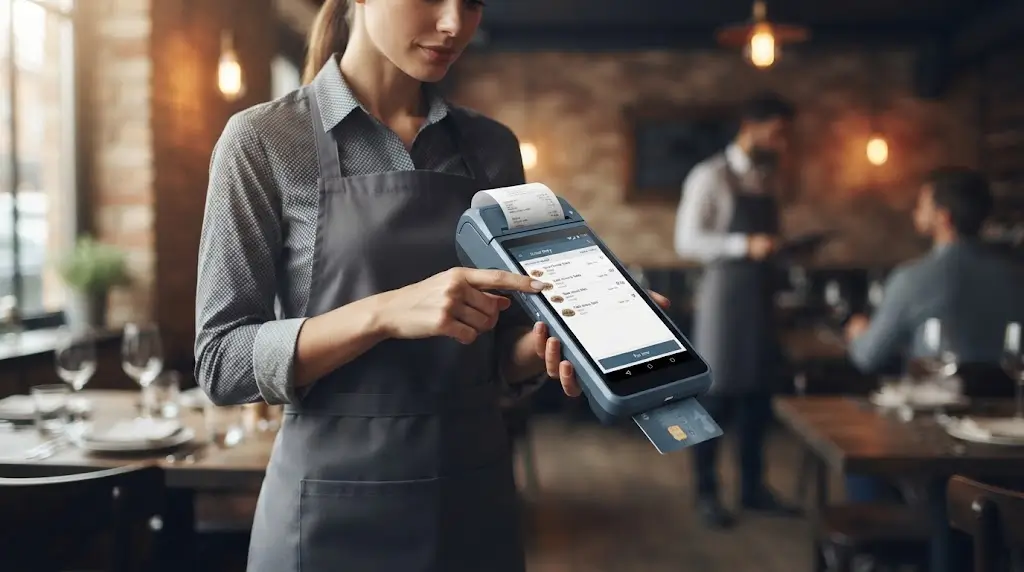 Restaurant staff using handheld Android POS terminal for table-side ordering payment and receipt printing