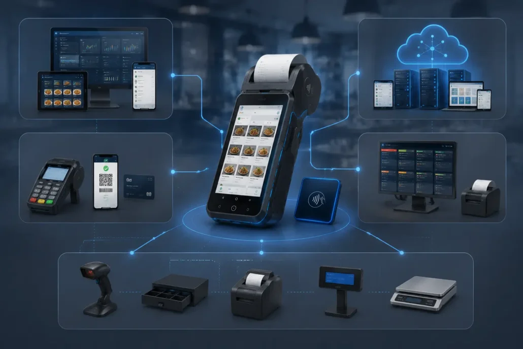 Restaurant POS system integration workflow with Android POS terminal software and hardware components