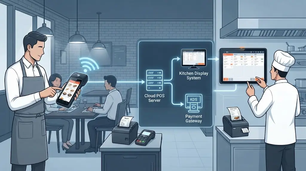 Restaurant handheld Android POS workflow from order taking to payment and receipt printing