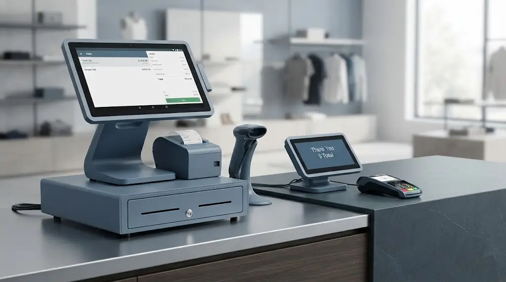 Retail POS hardware workflow with touchscreen POS terminal barcode scanner thermal receipt printer and customer display