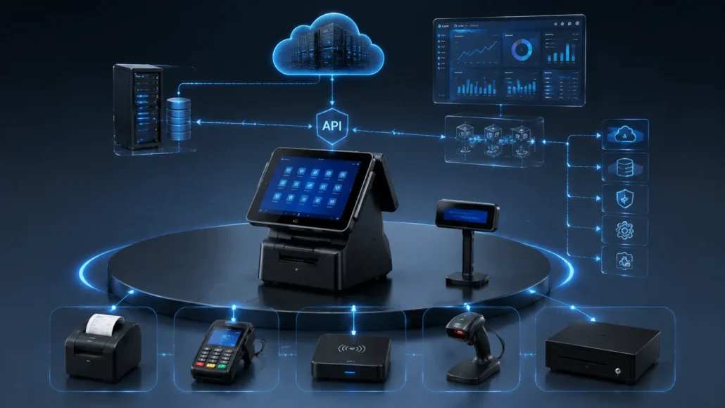 Android POS hardware integration ecosystem with payment modules printer scanner and software platform