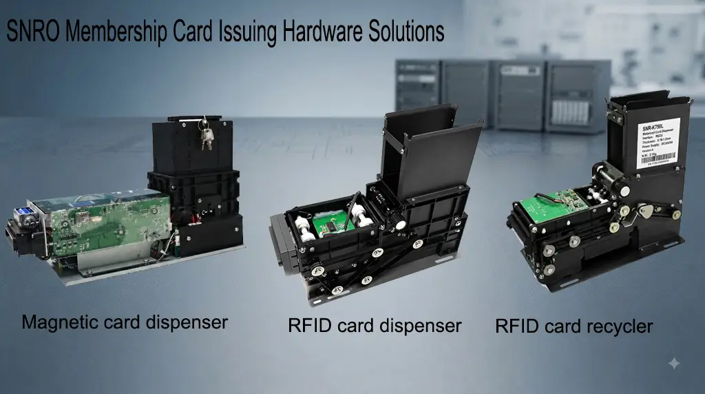 SNRO RFID card dispenser magnetic stripe card dispenser and RFID card recycler solutions for membership kiosks