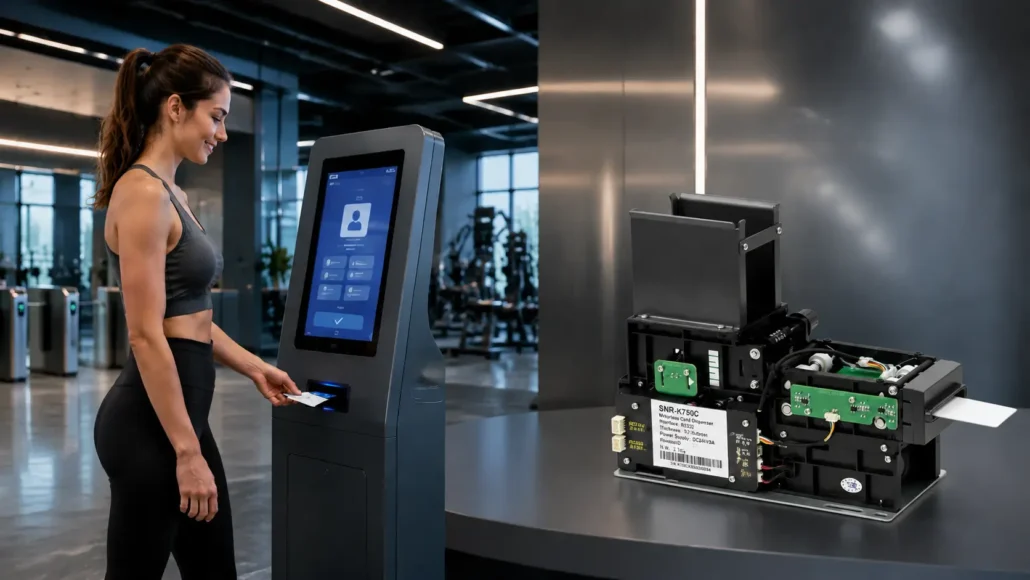 Self-service membership card issuing kiosk with RFID card dispenser and automated loyalty card delivery system