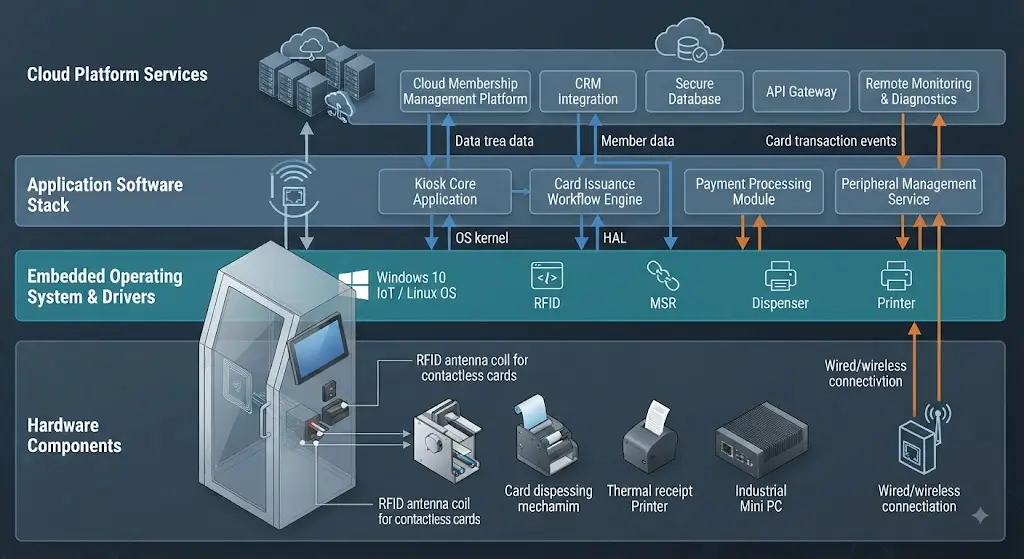 Membership card issuing kiosk workflow from customer registration to RFID card delivery