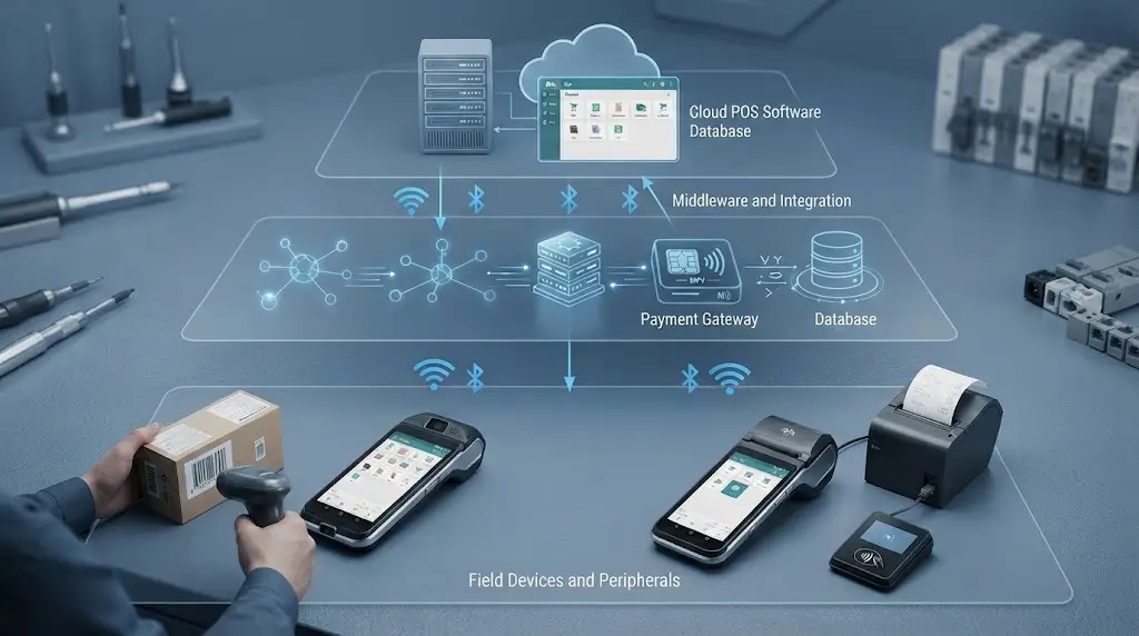 Handheld POS hardware integration architecture with software platform and peripherals