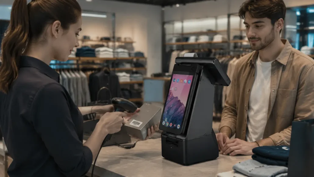 Retail Android POS solution with dual-screen POS terminal, barcode scanner and customer display