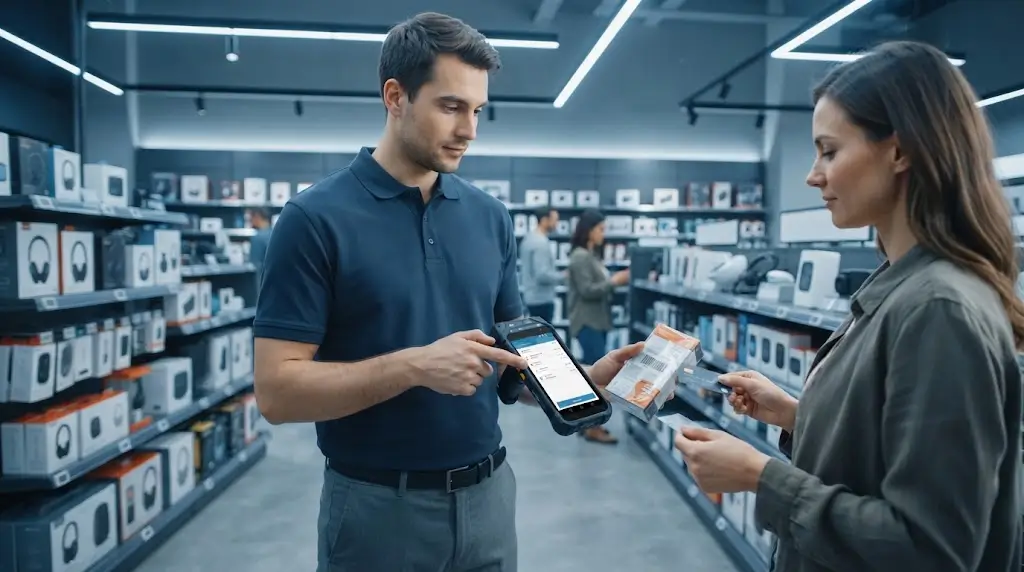 Retail employee using handheld Android POS terminal for mobile checkout and inventory management