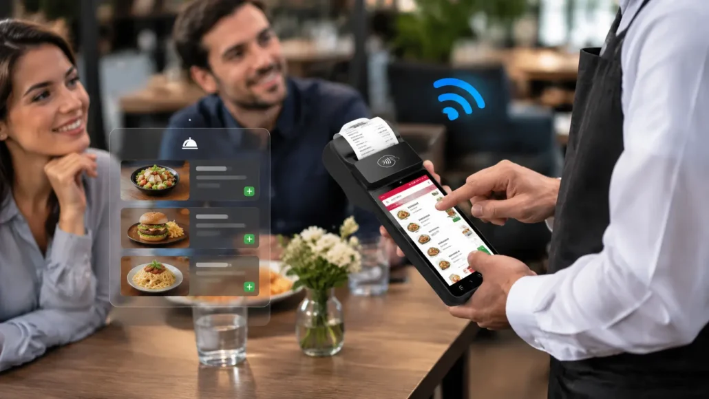 SNR-Z92 handheld Android POS terminal with 58mm thermal printer for restaurant applications