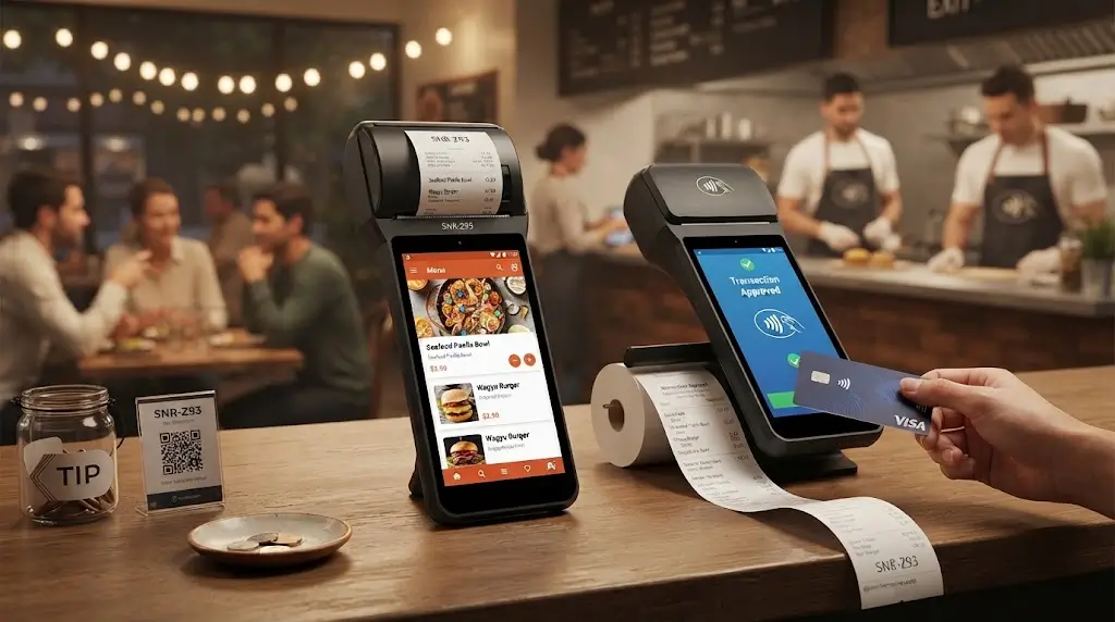 SNR-Z92 handheld Android POS terminal with 58mm thermal printer for restaurant applications
