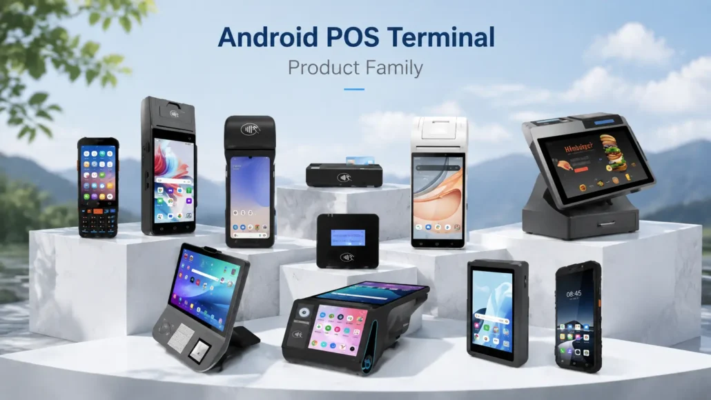 SNRO Android POS terminal product family including handheld POS and desktop Android POS systems