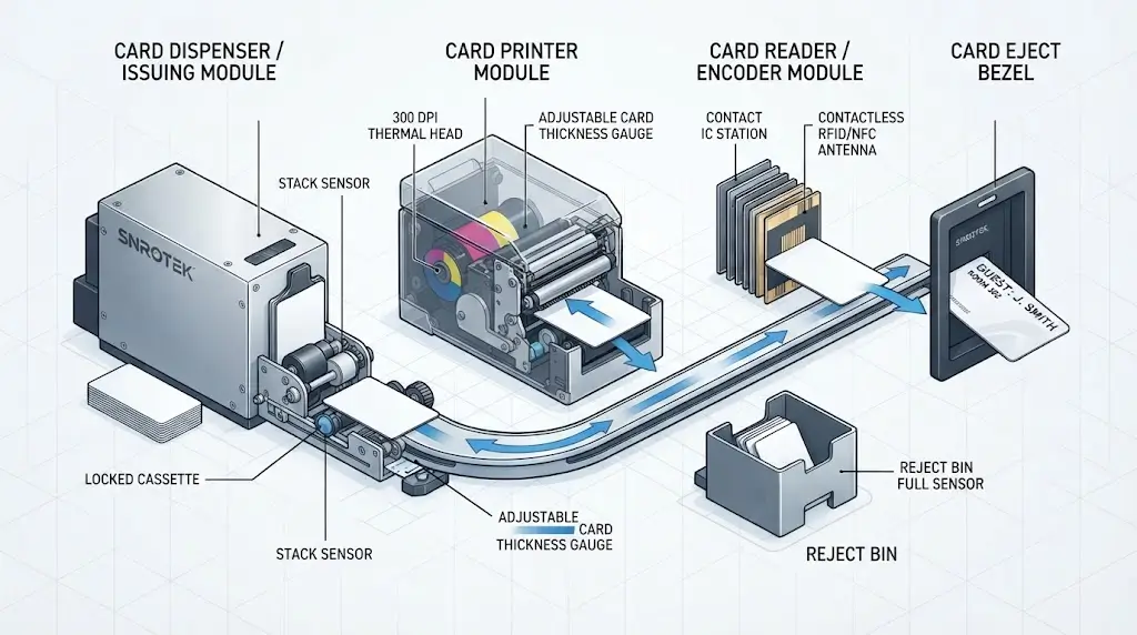 Diagram showing card path inside a self-service card issuing kiosk: lockable cassette, feed roller, dye-sublimation print station, encoder, exit slot and reject tray.