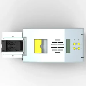 Top view of SNR-CP22K embedded card printer showing 100-card input hopper, LCM display and control panel