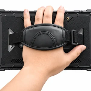 Rear view of rugged industrial tablet PC with adjustable hand strap for secure handheld operation